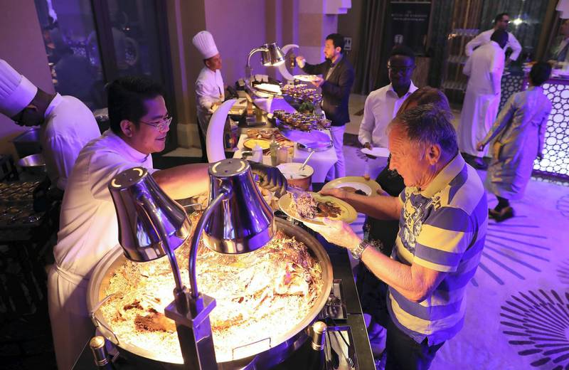 DUBAI,  UNITED ARAB EMIRATES , May 9 – 2019 :- People having Iftar food at the Fairuz Ramadan Tent at the Fairmont hotel on The Palm Jumeirah in Dubai.  ( Pawan Singh / The National ) For News/Online/Instagram. Story by Patrick 