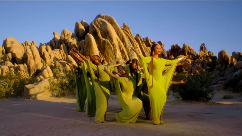 Beyonce wore a dress by Norma Kamali in the 'Spirit' video. Youtube / Beyonce