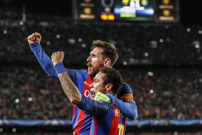 (L-R) Lionel Messi of FC Barcelona, Neymar of FC Barcelona,during the UEFA Champions League round of 16 match between FC Barcelona and Paris Saint Germain on March 08, 2017 at the Camp Nou stadium in Barcelona, Spain.(Photo by VI Images via Getty Images)
