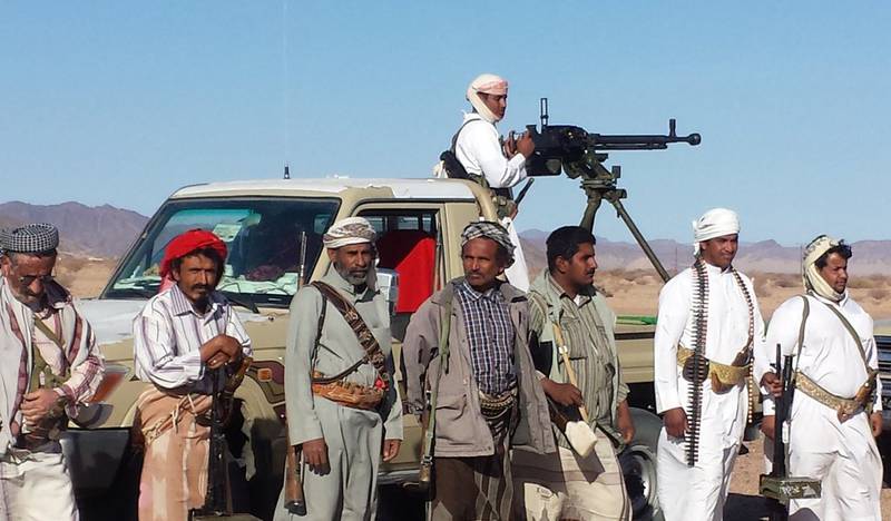 Armed Yemeni tribesmen from the Awlaki tribe, the largest clan in Shabwa province, gather on February 19. Photo: AFP