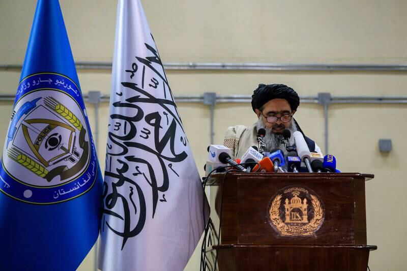 The Taliban deputy interior minister for counter-narcotics, Abdul Haq Hamkar, speaks at the ceremony in Kabul. EPA