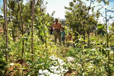 Talal Khodor with his son, Omar, in their vegetable garden. The family is relying on homegrown vegetables to feed themselves during Lebanon's economic collapse. Elizabeth Fitt for The National