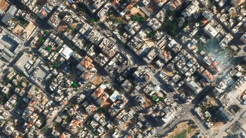A satellite image shows the rubble of a Gaza Strip high-rise building. AP Photo