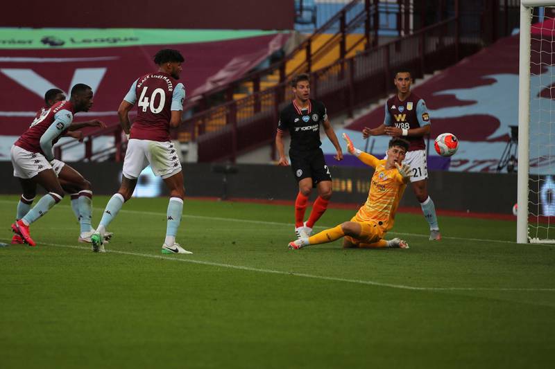 Aston Villa's Kortney Hause, left, scores his side's opening goal during the match against Aston Villa at the Villa Park on Sunday. AP