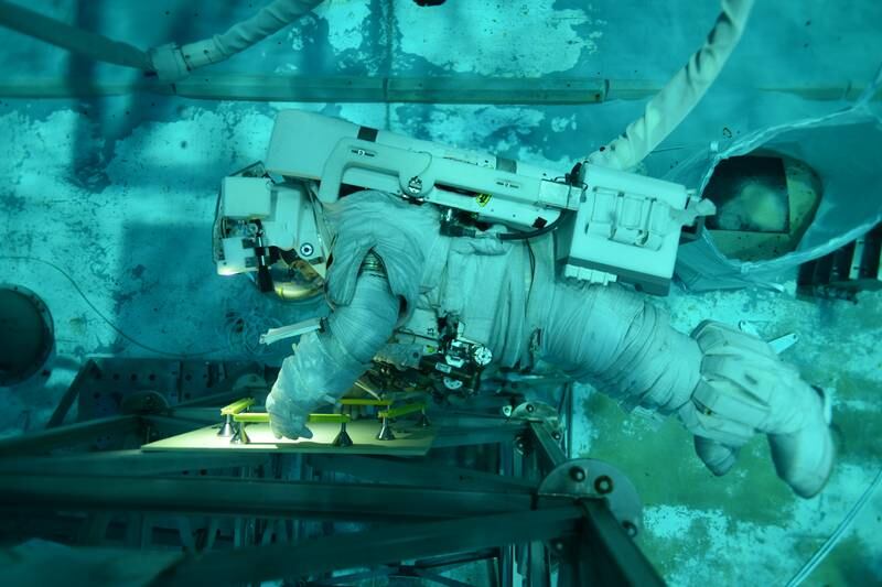 A mock International Space Station set up underwater at a laboratory in Houston
