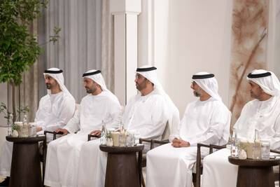 From right, Khalid Alghaith, the UAE's ambassador to Malaysia; Suhail Al Mazrouei, UAE Minister of Energy and Infrastructure; Dr Al Jaber; Sheikh Mohammed bin Tahnoon, adviser for Private Affairs at the Presidential Court; and Sheikh Hamdan bin Mohamed attend the meeting