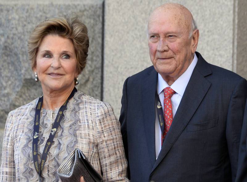 Former president FW de Klerk and his second wife Elita Georgiades arrive for the State of the Nation Address in parliament in Cape Town on February 13, 2020. AP Photo