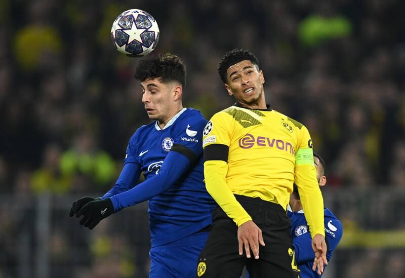 Chelsea's Kai Havertz battles for a header with Jude Bellingham of Borussia Dortmund. Getty