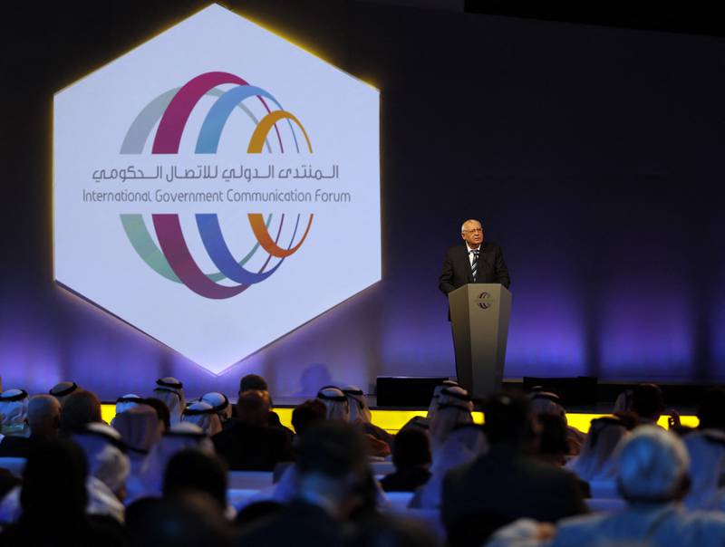Mr Gorbachev speaks during the International Government Communication Forum (IGCF 2014) in Sharjah on February 23, 2014. The event, gathering international professionals from government, private and media sectors, has the theme "Different Roles...Mutual Interest. AFP