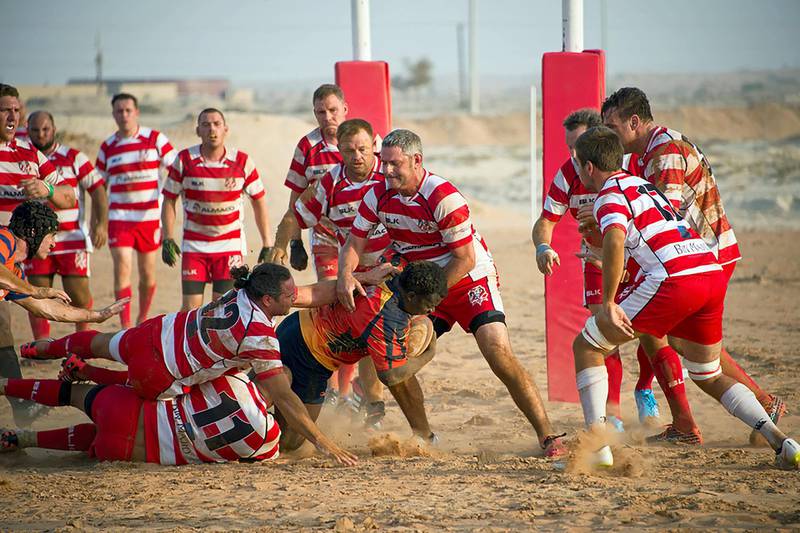 RAK Goats, in red and white stripes, playing on their sand pitch at the Bin Majid Beach Resort, Ras Al Khaimah. Courtesy of Roger Harrison