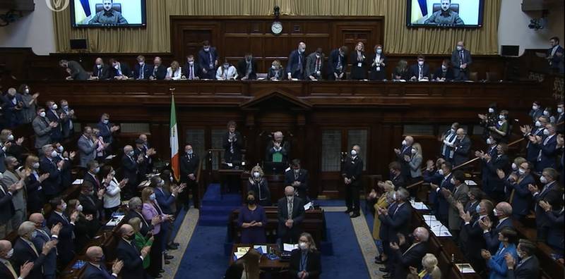 Members in the Dail give Mr Zelenskyy a standing ovation after his speech. PA