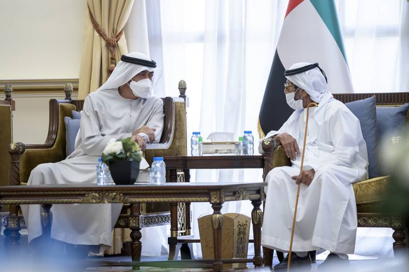 Sheikh Mohamed bin Zayed, Crown Prince of Abu Dhabi and Deputy Supreme Commander of the Armed Forces, offers condolences to Sheikh Tahnoun bin Mohammed, Ruler's Representative in Al Ain Region, on the death of Sheikha Aisha bint Mohammed.