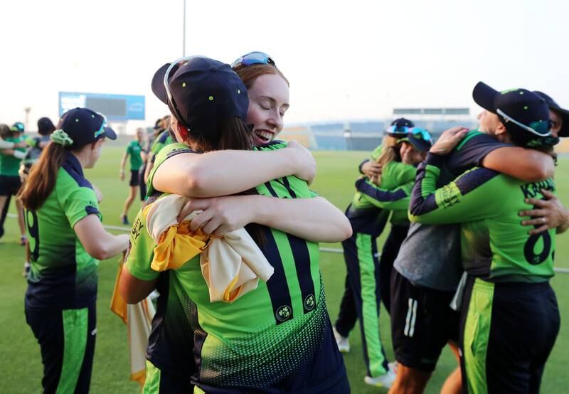 Ireland celebrate beating Zimbabwe at Zayed Cricket Stadium, Abu Dhabi and qualifying for the Women's T20 World Cup. All pictures Chris Whiteoak / The National