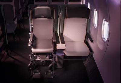 Air4All and Delta Air Lines has created a seat prototype that will allow passengers to remain in their wheelchairs on flights. Photo: Air4All