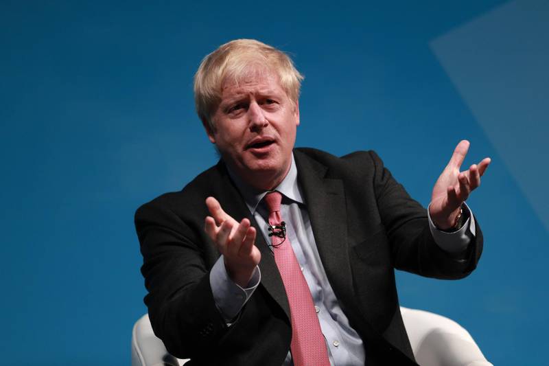 CHELTENHAM, ENGLAND - JULY 12: Boris Johnson gestures onstage during the Conservative leadership hustings at Cheltenham Racecourse on July 12, 2019 in Cheltenham, England. Boris Johnson and Jeremy Hunt are the remaining candidates in contention for the Conservative Party Leadership and thus Prime Minister of the UK. Results will be announced on July 23rd, 2019. (Photo by Dan Kitwood/Getty Images)