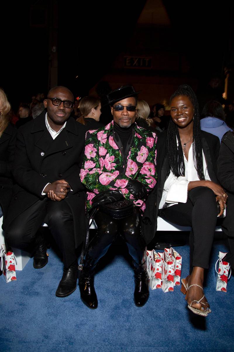 LONDON, ENGLAND - FEBRUARY 15: Edward Enninful, Billy Porter and Deborah Ababio sit front row during 'Richard Quinn' at London Fashion Week February 2020 on February 15, 2020 in London, England. (Photo by Santiago Felipe/Getty Images)