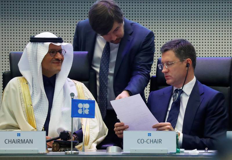 Saudi Arabia's Minister of Energy Prince Abdulaziz bin Salman Al-Saud and Russia's Energy Minister Alexander Novak are seen at the beginning of an OPEC and NON-OPEC meeting in Vienna, Austria December 6, 2019. REUTERS/Leonhard Foeger