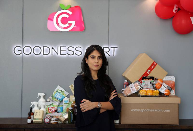 DUBAI , UNITED ARAB EMIRATES , MARCH 29  – 2018 :- Geeta Pahlanjani, Founder and CEO of Goodness Cart with the products at her warehouse in Dubai Investment Park in Dubai. ( Pawan Singh / The National ) For Business. Story by Dania Saadi