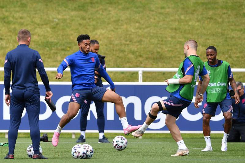 Reece James and Luke Shaw take part in a training session at St George’s Park ahead of the Euro 2020 match against Croatia. AFP