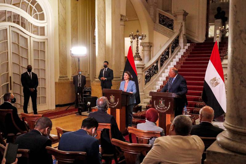 Egypt's Foreign Minister Sameh Shoukri and Najla El Mangoush give a joint press conference in the capital. AFP