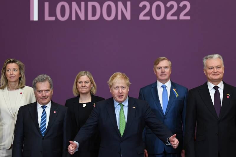 From left, Netherlands Defence Minister Kajsa Ollongren, Finland's President Sauli Niinisto, Sweden's Prime Minister Magdalena Andersson, Britain's Prime Minister Boris Johnson, Estonia's Defence Minister Kalle Laanet and Lithuania's President Gitanas Nauseda at the meeting at Lancaster House, London, on March 15. Getty
