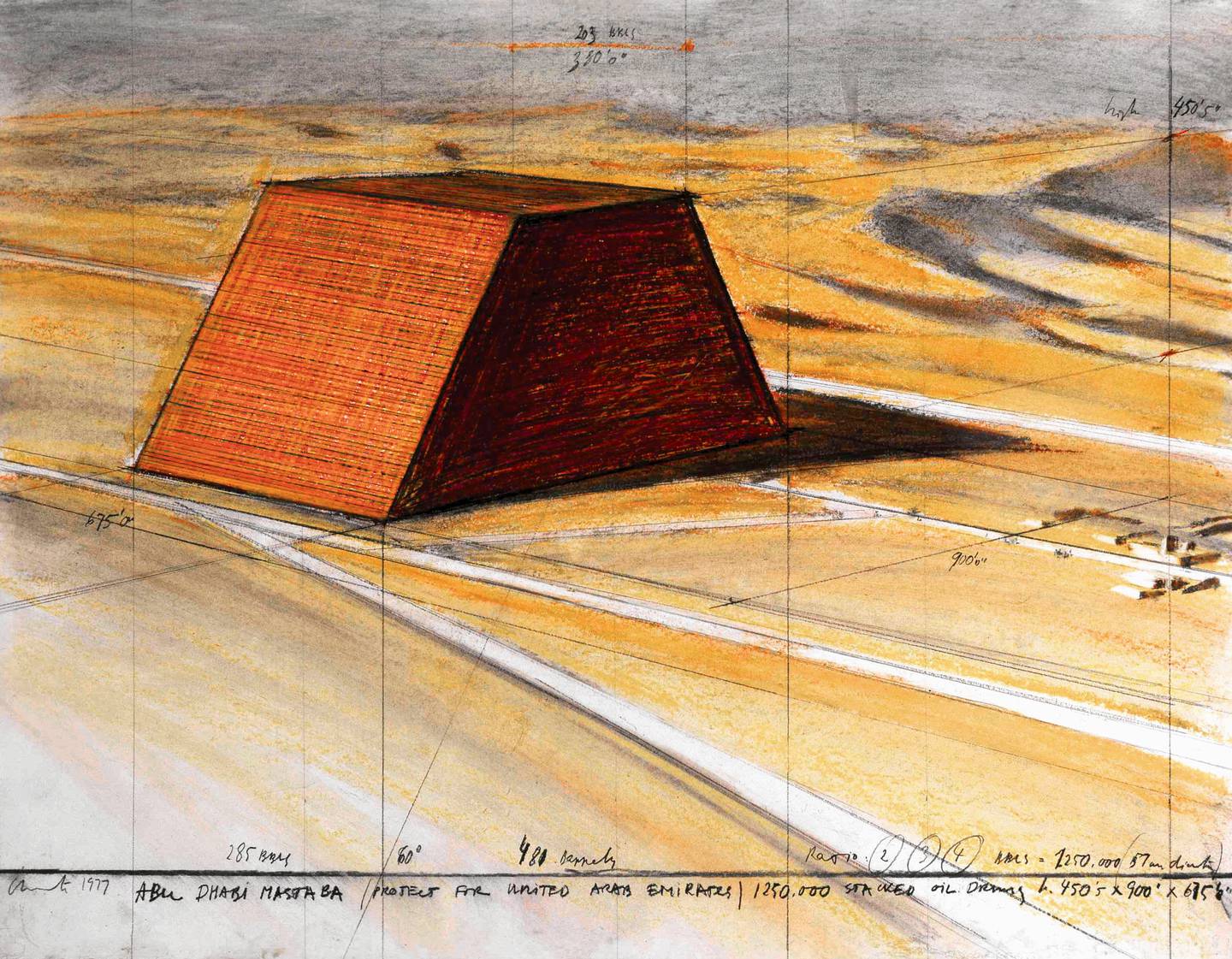 A drawing from 1977 of the Abu Dhabi mastaba project. Christo and Jeanne-Claude Foundation