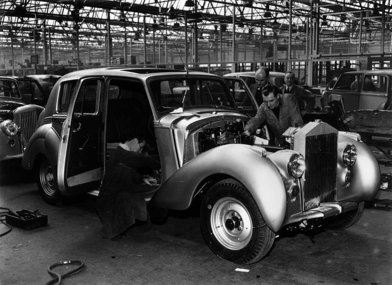 A Rolls-Royce Silver Dawn on the assembly line at the company's wfactory in Crewe, Cheshire, in 1950. 