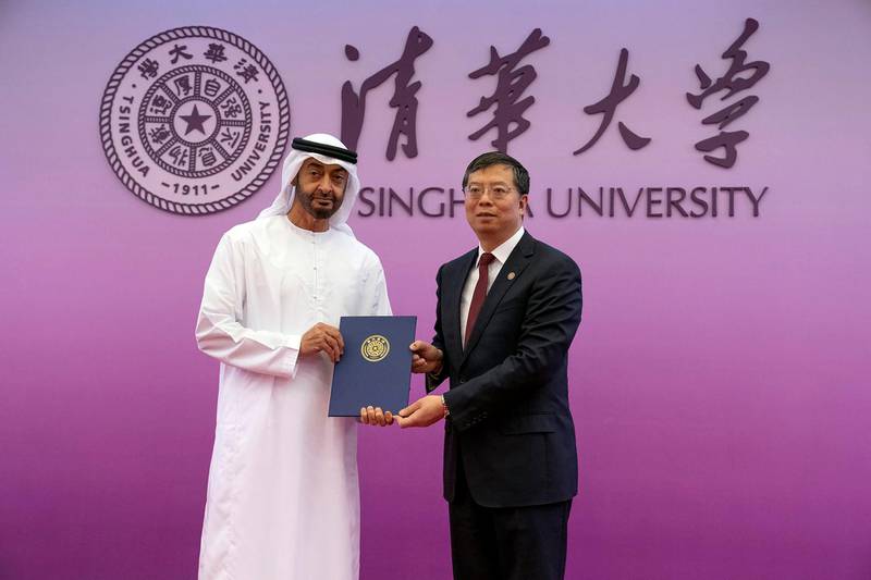 Tsinghua University awards Mohamed bin Zayed an honorary professorship, the highest degree awarded to senior leaders, in recognition of his effort to support advanced science, technology and innovation. Mohammed bin Zayed Twitter