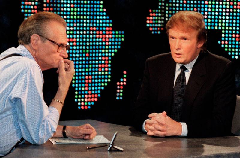 Larry King interviews Donald Trump for the Larry King Live show  in New York on October 7, 1999. the veteran broadcaster passsed away at the age of 87 on January 23, 2021. AP Photo