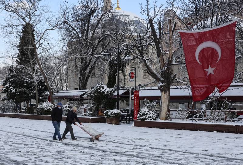 Sultanahmet Square and Hagia Sophia Grand Mosque were dusted with snow. Reuters