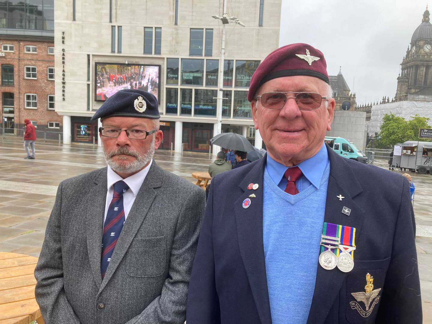 Tom Barr and Paul Bradford, 80, were in Leeds to watch a broadcast of Queen Elizabeth’s funeral. Nicky Harley / The National