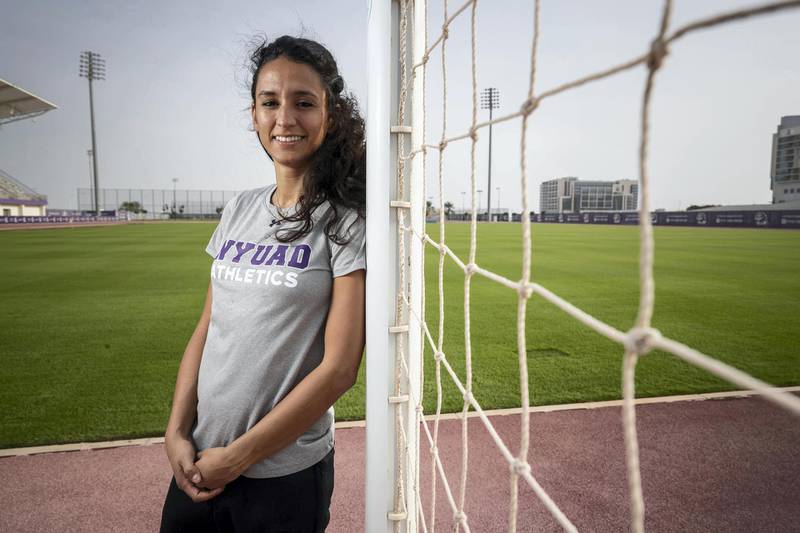 ABU DHABI, UNITED ARAB EMIRATES. 17 DECEMBER 2019. Lyne Ismailis, Head Coach of the NYU Abu Dhabi women’s football team. She works for the Department of Athletics as a program coordinator, and has had a history in working for different sporting venues and events around Abu Dhabi. She runs a programme to encourage and develop adult female football, something that wasn't available in Abu Dhabi before. (Photo: Antonie Robertson/The National) Journalist: Gillian Duncan. Section: National.