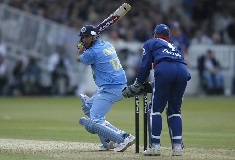 LONDON - JUNE 29 :  Yuvraj Singh of India scores up the winning runs during the match between England and India in the NatWest One Day Series at Lord's in London, England  on June 29, 2002. (Photo by Clive Mason/Getty Images)