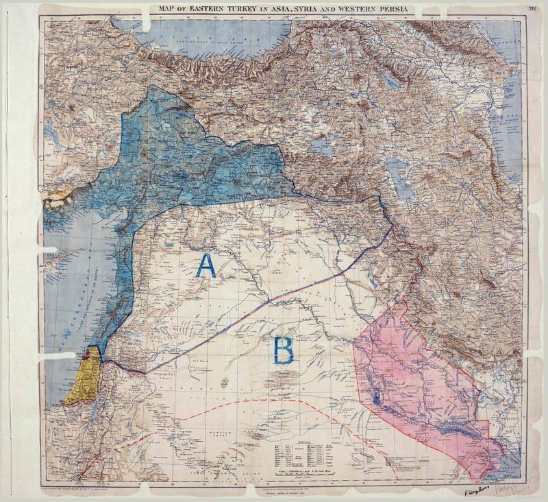 Sykes-Picot Agreement - Original Map - English (1916). Sykes, M. and Georges-Picot, F. (1916) "Map of Eastern Turkey in Asia, Syria and Western Persia." UNISPAL