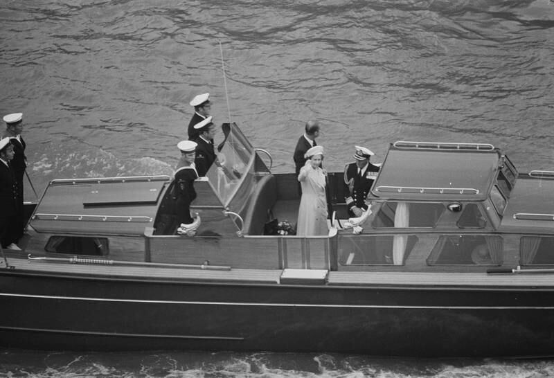 Queen Elizabeth and Prince Philip on the River Thames travelling from Greenwich to Lambeth, London in June 1977. 