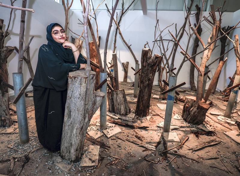 Abu Dhabi, U.A.E., September 5, 2018. Preview of new Warehouse421 exhibit.--Alya Alhosani, installation artist with her "Found Objects" artwork, Transmogrification. 2018.Victor Besa/ The NationalSection:  WKReporter: Melissa Gronlund