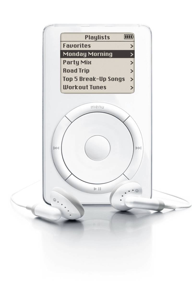 The Apple iPod 1st generation was released October 23, 2001. It cost $399, and had 5GB storage holding 1,000 songs. Photo: Apple