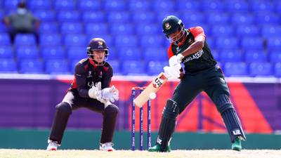 Mahfijul Islam of Bangladesh plays a shot as Kai Smith of UAE keeps during the U19 Cricket World Cup match. Photo: ICC