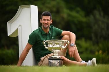 Novak Djokovic of Serbia poses with the Norman Brooks Challenge Cup following his win in the men's singles final in the 2023 Australian Open tennis tournament, at Government House in Melbourne, Australia, 30 January 2023.   EPA / JAMES ROSS  EDITORIAL USE ONLY AUSTRALIA AND NEW ZEALAND OUT