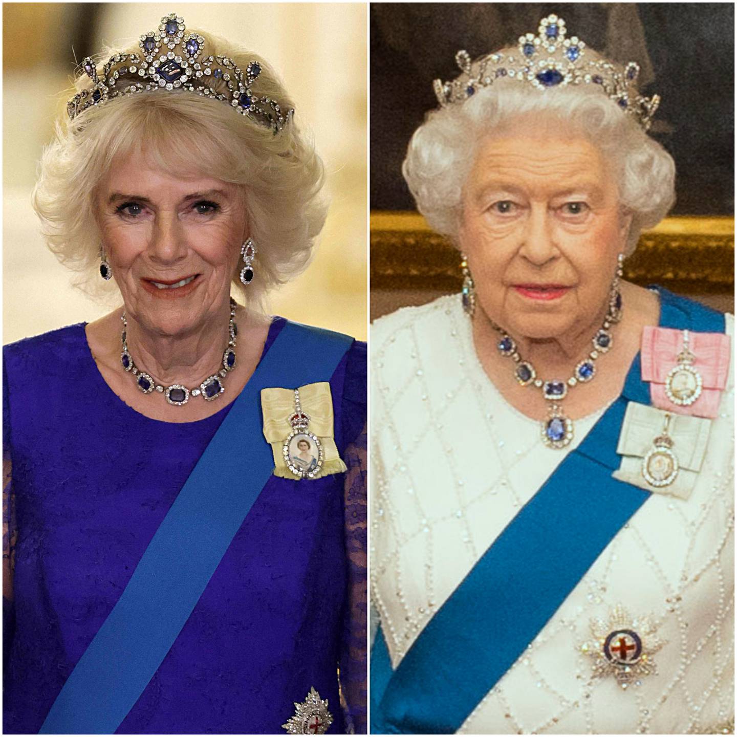 Left: Camilla, Queen Consort wears the Belgian Sapphire Tiara to attend a state banquet hosting South African President Cyril Ramaphosa in November 2022. Right: Queen Elizabeth II wore the same tiara to attend a reception at Buckingham Palace in December 2016. AFP, Reuters