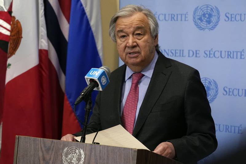 Secretary General Antonio Guterres outside the Security Council at UN headquarters in New York on March 14. AP