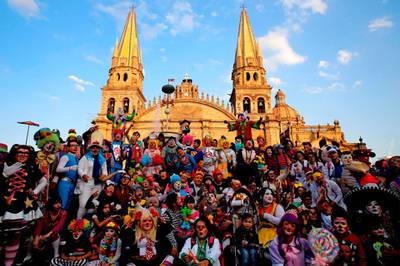 Clowns get together for a group shot in Guadalajara. AFP