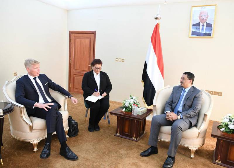 UN Special Envoy to Yemen Hans Grundberg, left, was met by Foreign Minister Ahmad Awad bin Mubarak, right, at the presidential palace in Aden. Photo: Yemen government