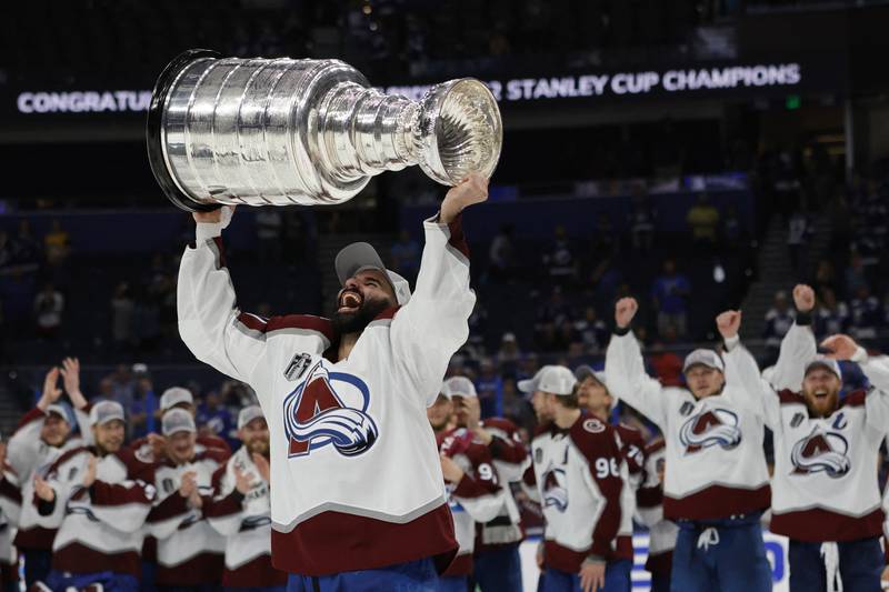 Nazem Kadri celebrates with the Stanley Cup after his team, the Avalanche, won game six of the 2022 Stanley Cup Final against the Tampa Bay Lightning. Photo: USA Today Sports