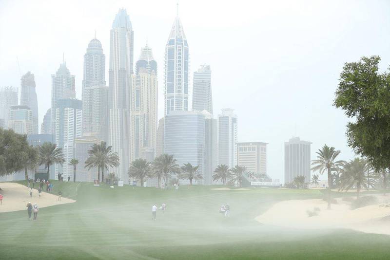 General View of the eighth hole as sand engulfs the fairway during the second round of the Omega Dubai Desert Classic. Warren Little / Getty Images