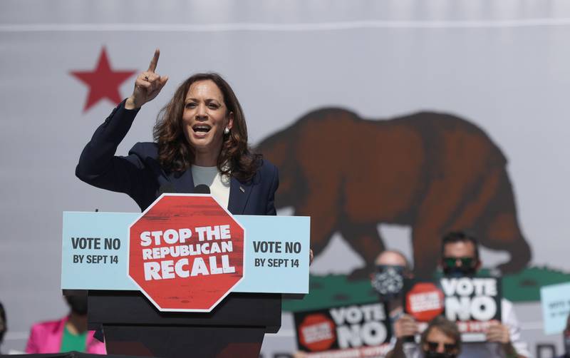 Kamala Harris speaks during a 'No on the Recall' campaign event with California Governor Gavin Newsom at IBEW-NECA Joint Apprenticeship Training Centre on September 8, 2021, in San Leandro, California. Getty Images / AFP