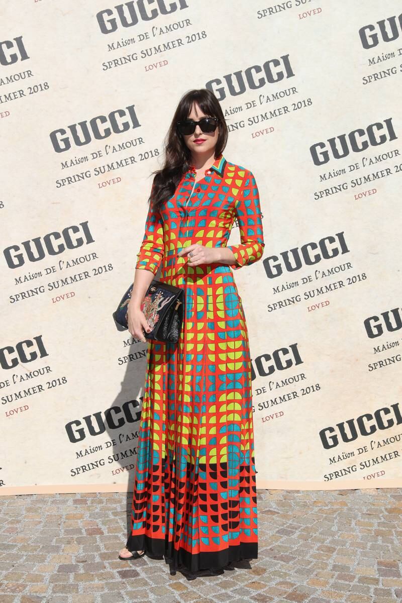 Dakota Johnson, in Gucci, attends the Gucci show during Milan Fashion Week on September 20, 2017 in Milan, Italy. Getty Images