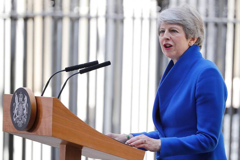 Britain's outgoing prime minister Theresa May gives a speech outside 10 Downing street in London on July 24, 2019 before formally tendering her resignation at Buckingham Palace. - Theresa May is set to formally resign on July 24 after taking her final PMQs in the House of Commons with Boris Johnson taking charge at 10 Downing Street on a mission to deliver Brexit by October 31 with or without a deal. (Photo by Tolga AKMEN / AFP)