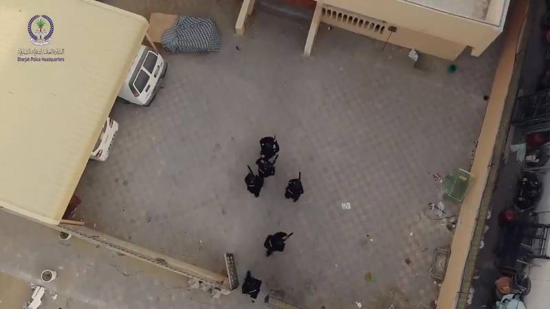 Drone footage shows a raid by the anti-narcotics team of the Sharjah Police who found drugs being produced in a residential villa. Police seized 153kg of drugs worth Dh63 million in a large operation that nabbed peddlers and suppliers. Courtesy: Sharjah Police