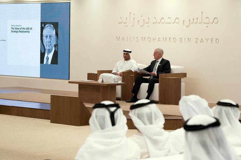 ABU DHABI, UNITED ARAB EMIRATES - May 20, 2019:  James Mattis, Former US Secretary of Defense (R), delivers a lecture titled: 'The Value of the UAE - US Strategic Relationship', at Majlis Mohamed bin Zayed. Seen with moderator HE Yousef Al Otaiba, UAE Ambassador to the USA and Mexico (L).

( Eissa Al Hammadi for the Ministry of Presidential Affairs )
---